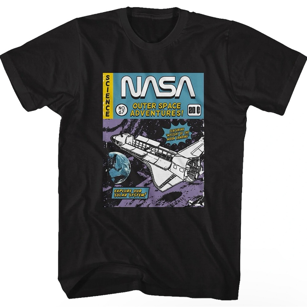 NASA Outer Space Adventures 80’s Comic Black Graphic T-Shirt